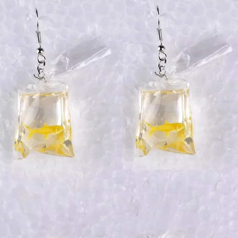 Transparent resin Kawasaki Yellow -red Water Bag Golden Fish Earrings Cute Japanese and Korean Girls Special Fish Bag Handmade D