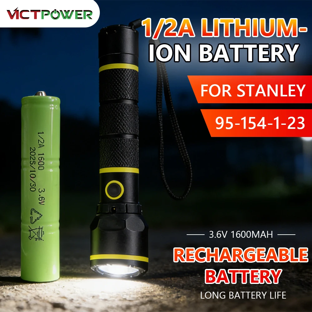 Victpower 1/2A Lithium-ion Battery 1600mAh 1000mAh 3.6V for Stanley 95-154-1-23 High Beam Flashlight Rechargeable Batteries