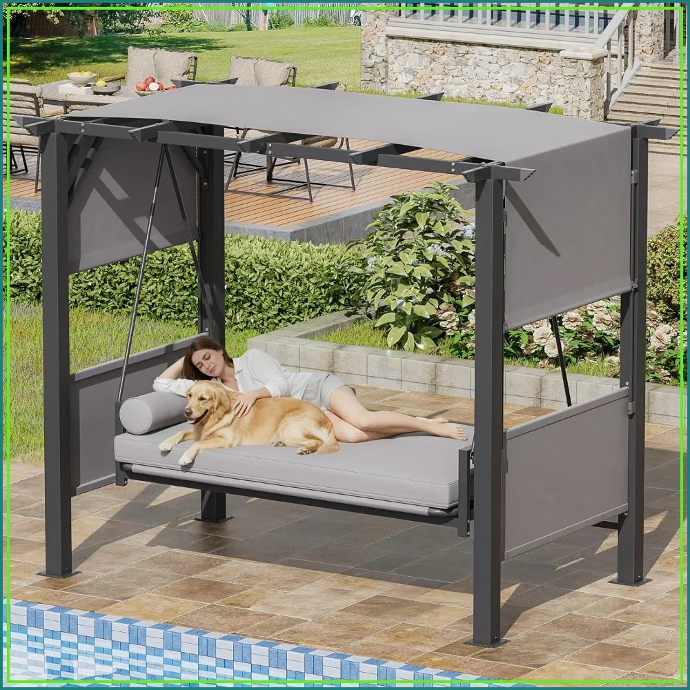 Outdoor Porch Swing with Stand, Adjustable Canopy, 2-in-1 Convertible Bed, 3 Seat for Adults