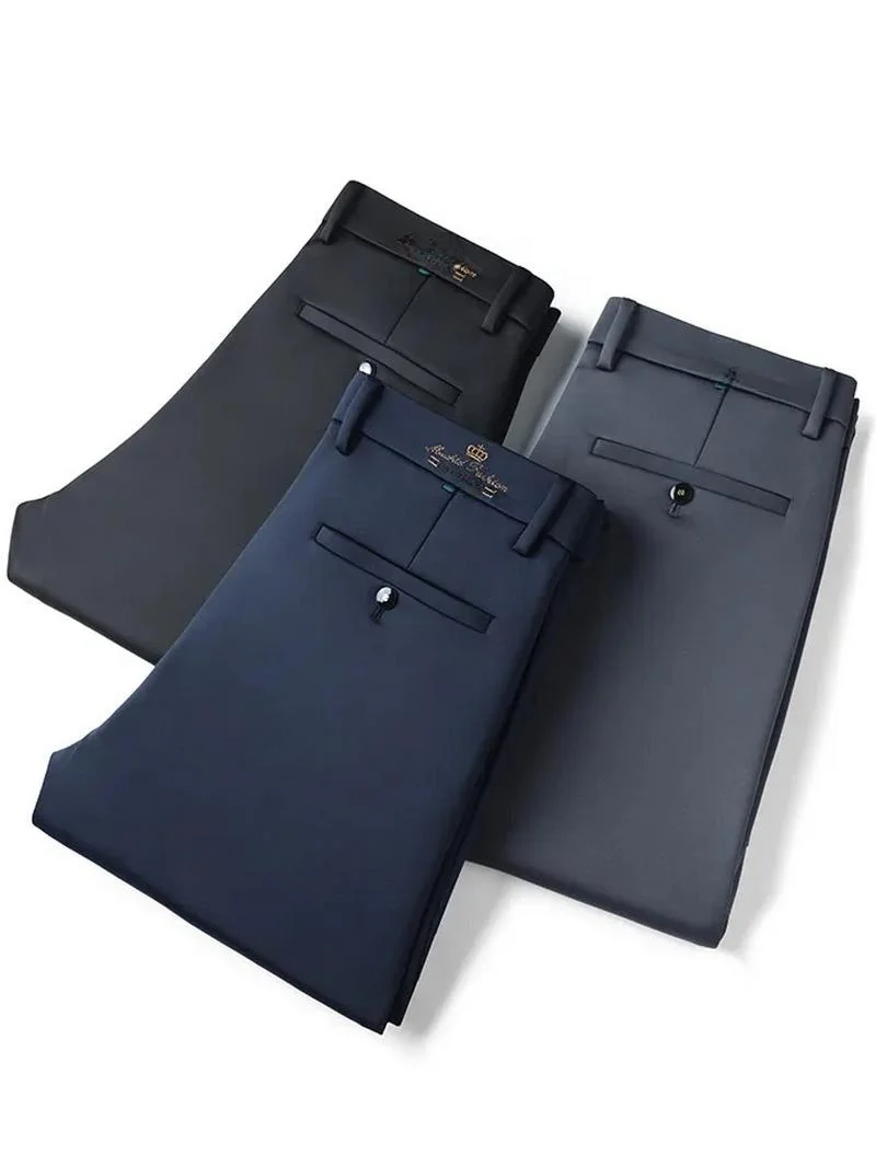 

New Anti-Wrinkle Smooth Gold Thread Embroidery Elastic Breathable Lightweight Business Slim Straight Leg Men's Casual Pants