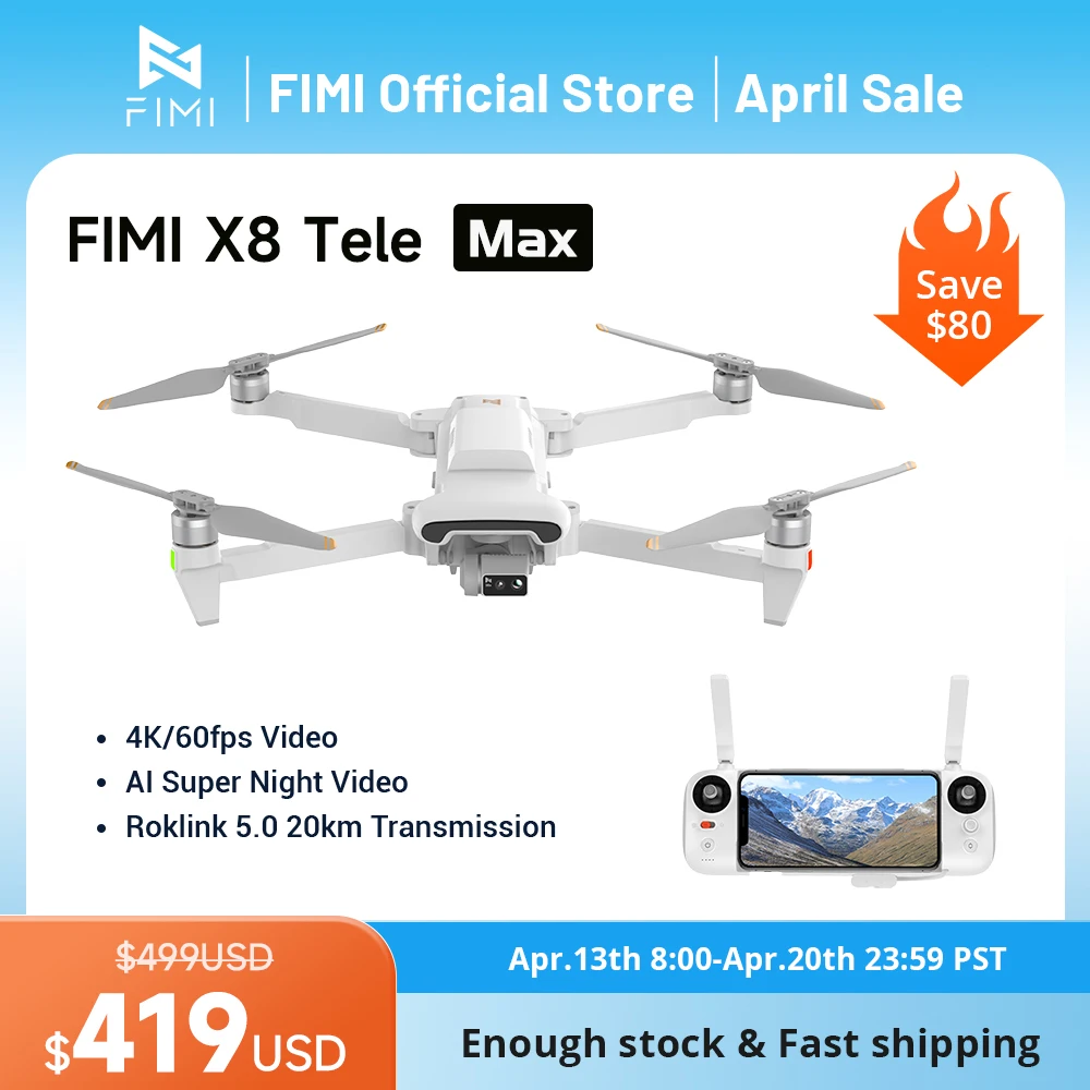 

FIMI X8 Tele Max drone 20KM range with Wide-Angle Tele Camera 30x Hybrid Zoom 4K 60fps 3-axis Gimbal GPS AI Super Night Video