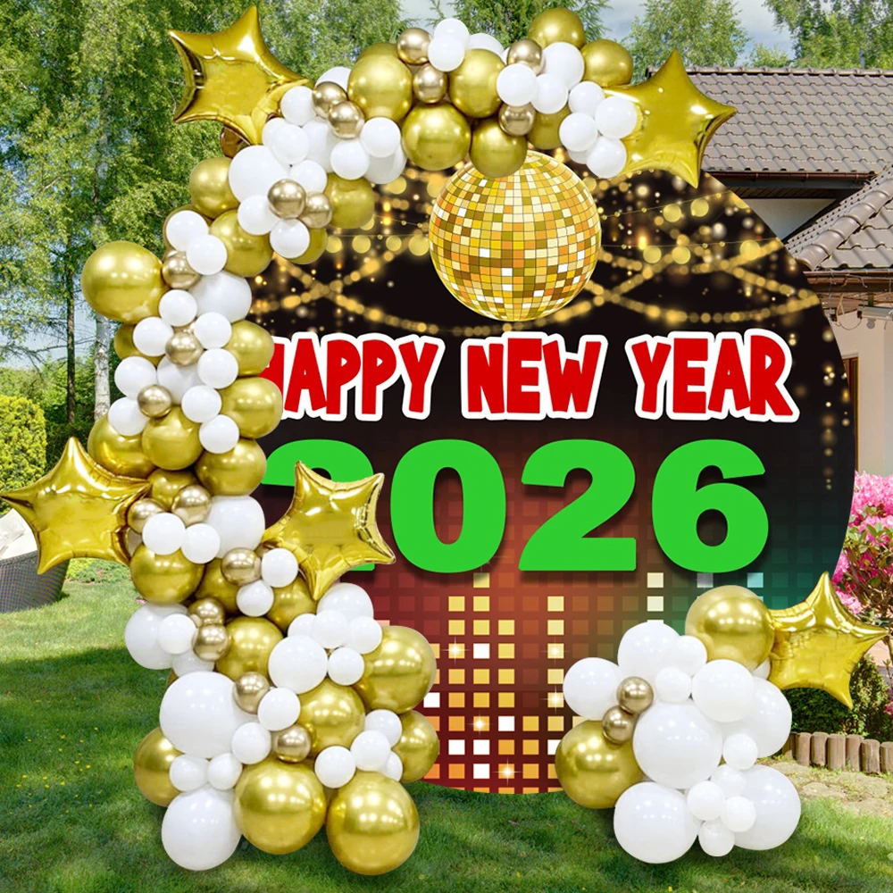 سعيد 2026 السنة الجديدة جولة التصوير خلفية الذهب ديسكو تصاميم حفلة لامعة للعائلة ليلة رأس السنة الخلفيات دائرة