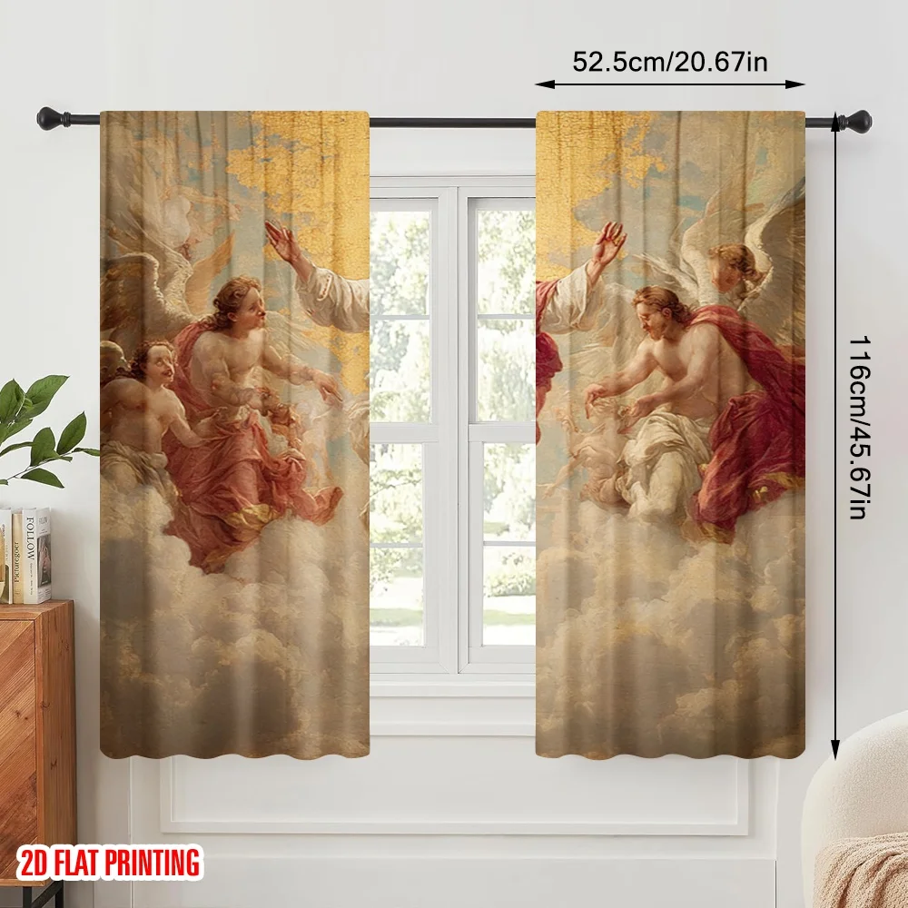 2pcs,2D plane printing Window Curtain Jesus cartoon Versatile 100% Polyester (without rod) Home Decor for Living Room & Bedroom