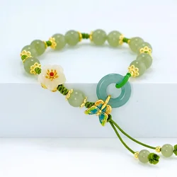 Hand knotted DIY Jade Stone Jadeite Flower Anklets Charm Jewellery Fashion Accessories Chinese Carved Amulet Gifts for Women Men