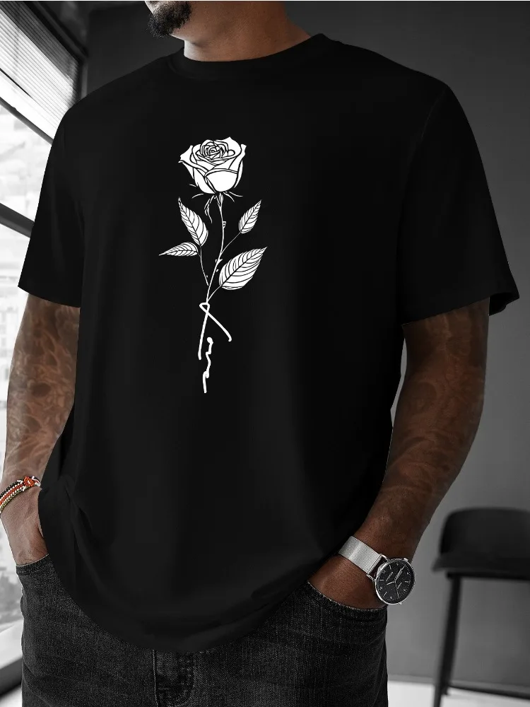 Men Summer Cotton Short Sleeve T Shirt Minimalist White Line Rose Stem Print Crew Neck Aesthetic Street Casual Male Tee
