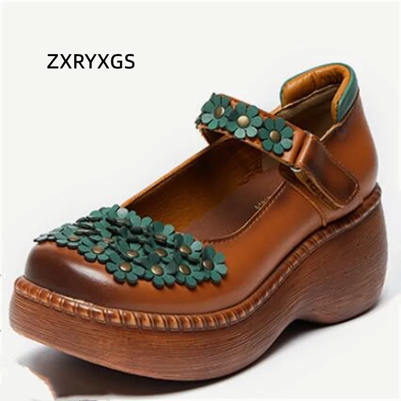 ZXRYXGS 2024 High Quality Cowhide Flowers Women Leather Shoes Fashion Shoes Increase Platform Comfort Wedges Shoes High Heels