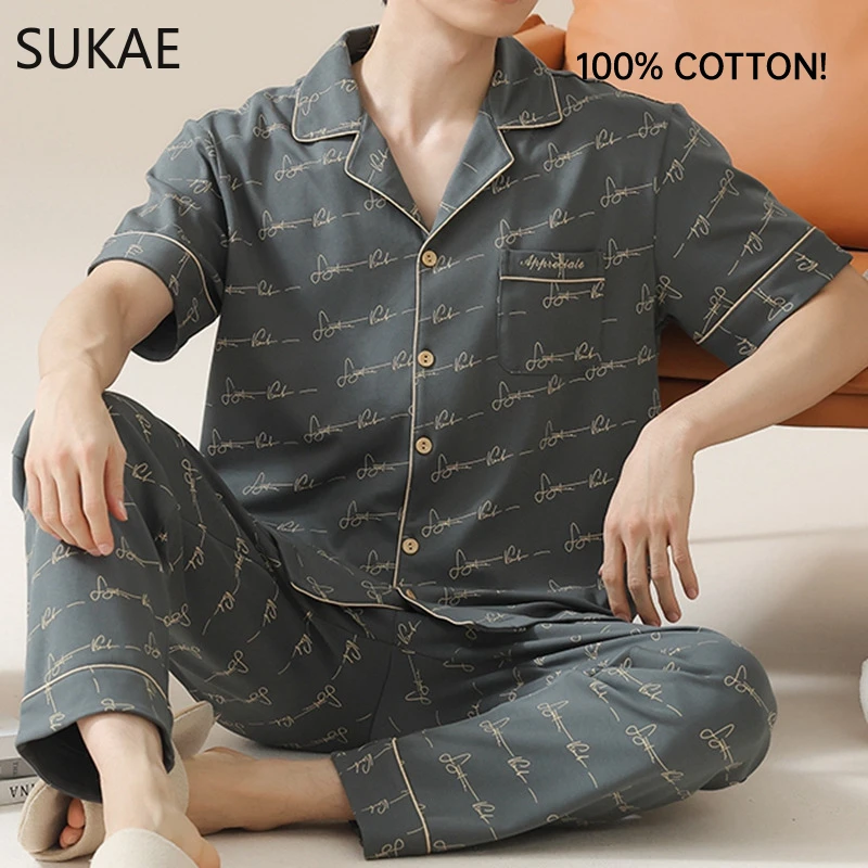 

100% Cotton! High Quality Men's Pyjamas Set 2025 Summer New Letter Printing Pajamas Short Sleeved Lapel Placket Button Sleepwear
