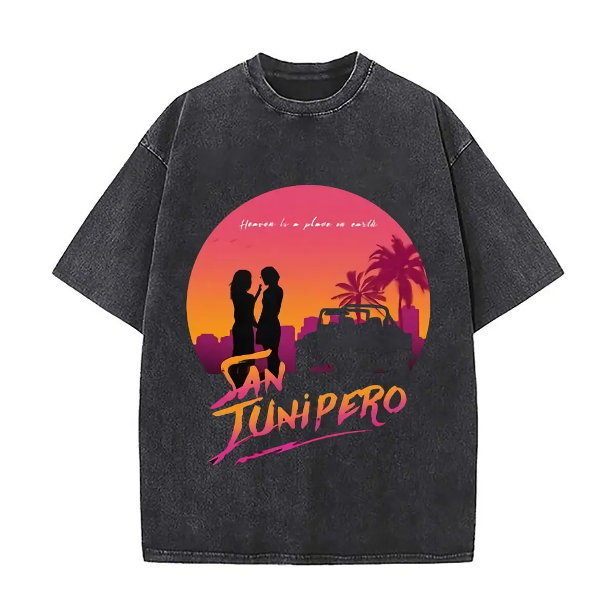 Camiseta San Junipero Retro Sunset Love Art Vintage Desgastada para Uso Diario con Manga Lavada Holgada