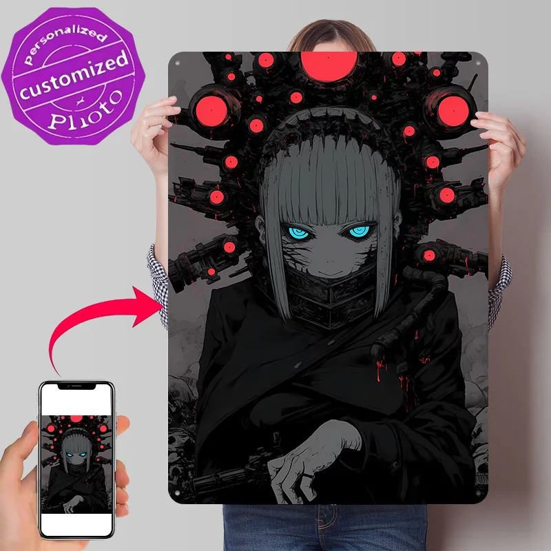 Cyberpunk Anime Girl Poster Retro 3D Printed Metal Signs Customized Wall Hanging Gift for Decor Living Room Interior Decoration