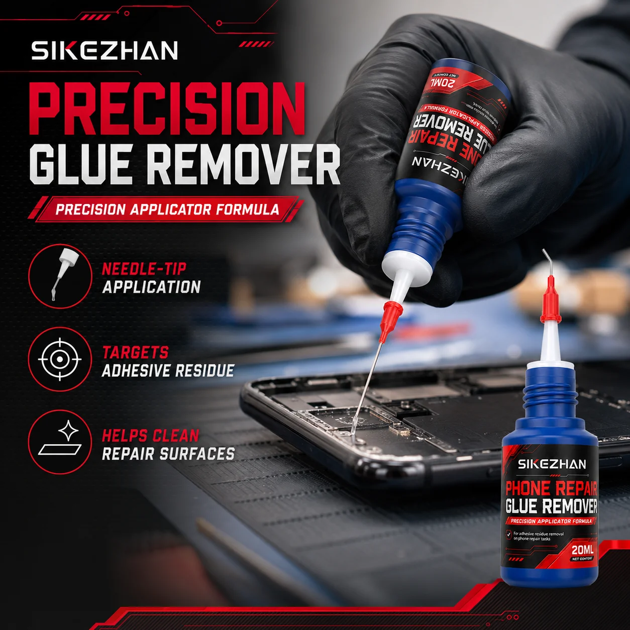 Mobile Phone Screen Repair Tool Kit, 20ml Adhesive Remover with Needle Tip, Precision Tweezers, 4 Swabs and Repair Tape