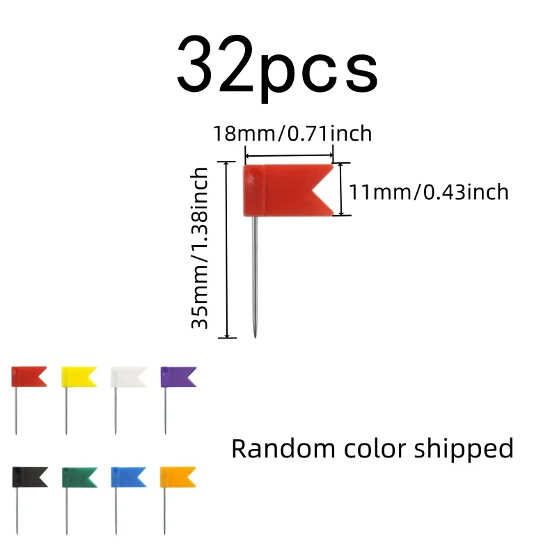 Flag Push Pins 32 pcs, Random Color Flag Design, Creative Flag Shape, for Office Bulletin Board, Multipurpose