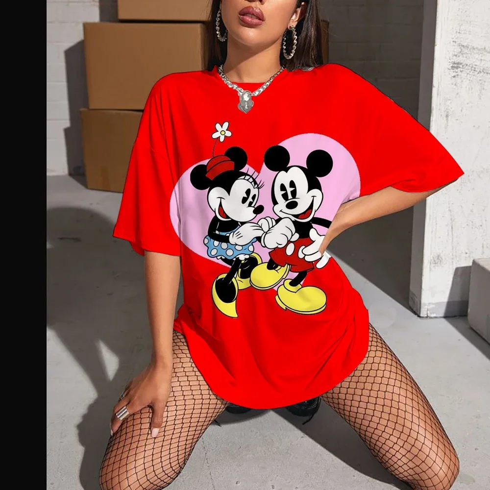 

Disney 2025, новая летняя женская милая рубашка с короткими рукавами и принтом Микки Мауса 2025, топ с круглым вырезом, футболка, модная повседневная свободная футболка