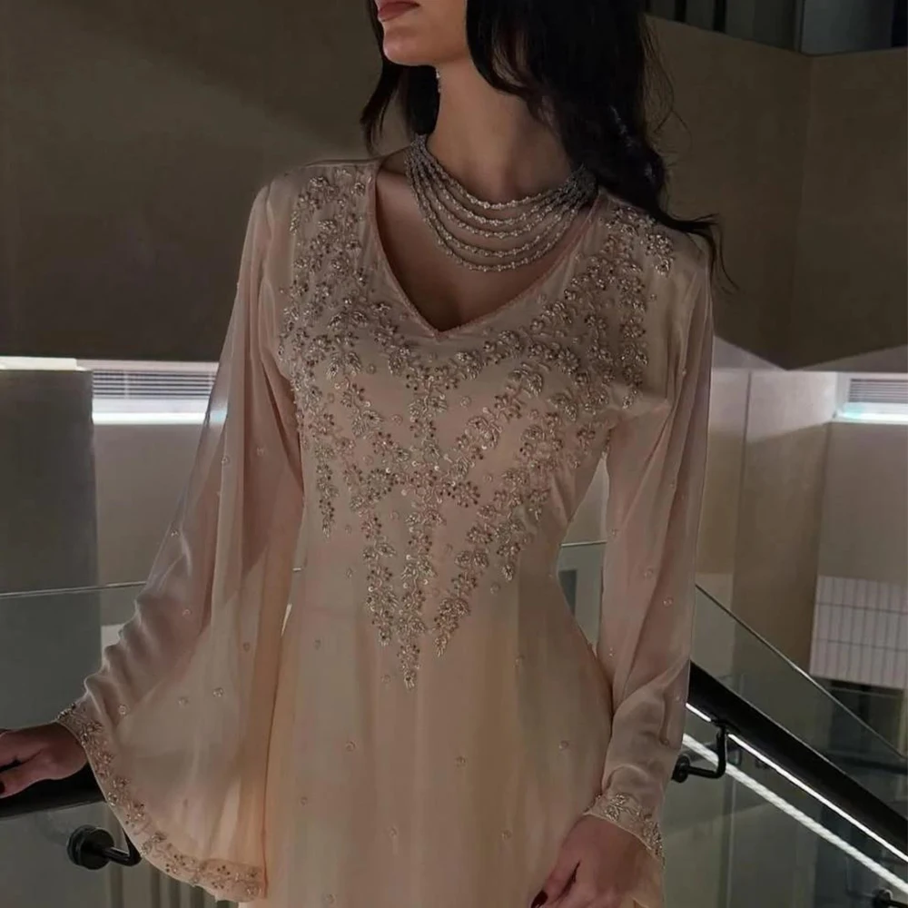 Modern Chiffon A-Line Evening Dress V-Neck Exquisite Beading Long Sleeve Women Customized Floor Length فساتين حفلة موسيقية