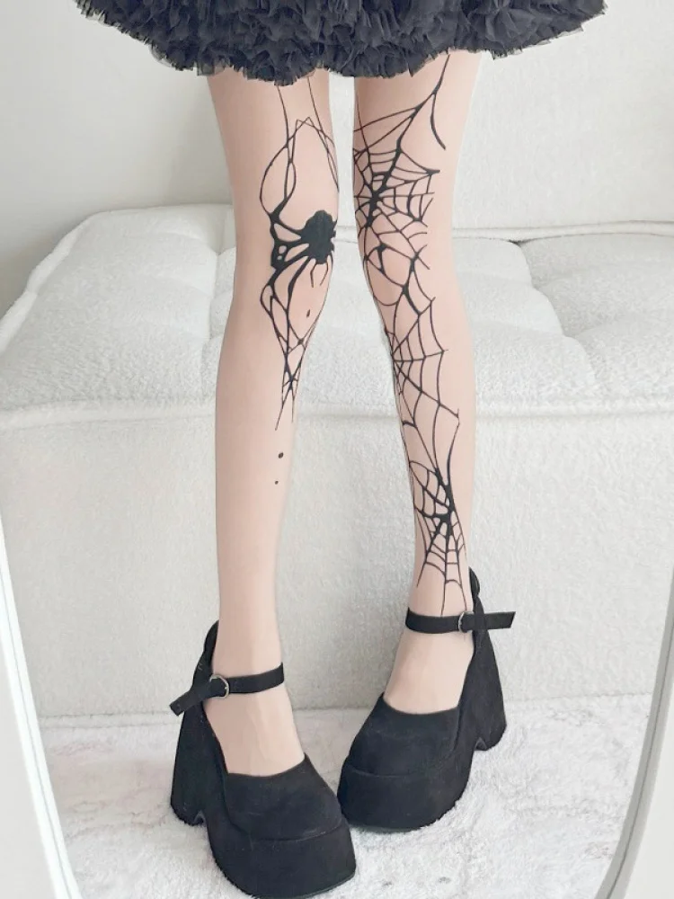 Hot S Spider Web Print Stoings Tattoo Thin Bla Silk Panhose Halloween Cosplay Base Layer Strumpfhosen Damen Freizeithosen