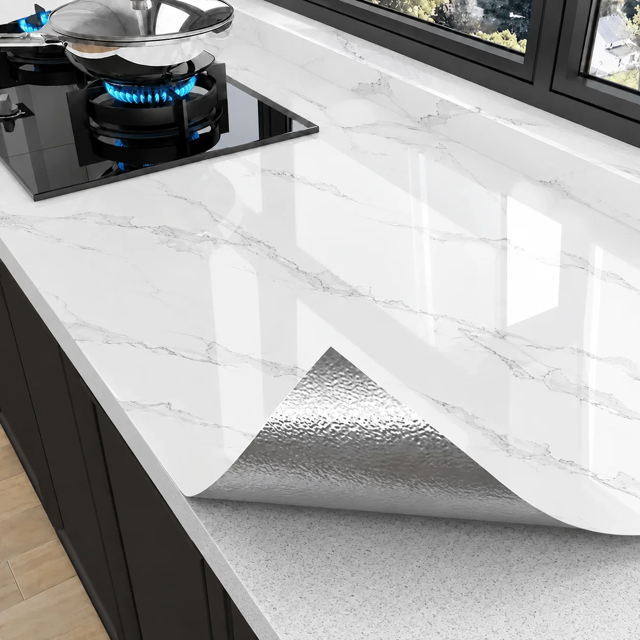 Marble-Effect Kitchen Countertop Sticker Heat-Resistant Stain-Resistant Suitable For Refurbishing Cabinet Table And Stovetop.