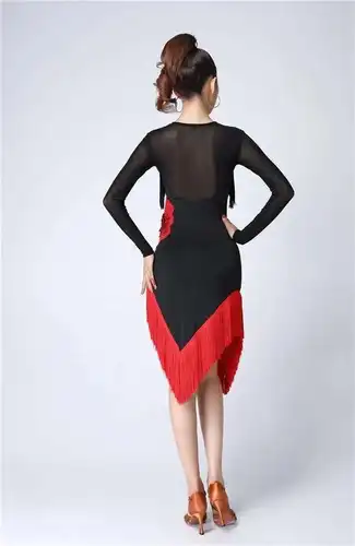 Imagen 2 del producto Nuevos vestidos de mujer, falda de baile con borlas de flores rojas grandes, vestido de baile latino de manga larga, disfraz negro Sexy para chicas y adultos, Rumba