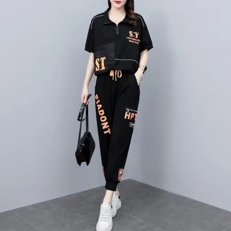 Damski strój sportowy 2024 Summer New Fashion Korean Style Loose Splicing Short Sleeve Tops Pencil Pants 2-częściowy zestaw dla kobiet