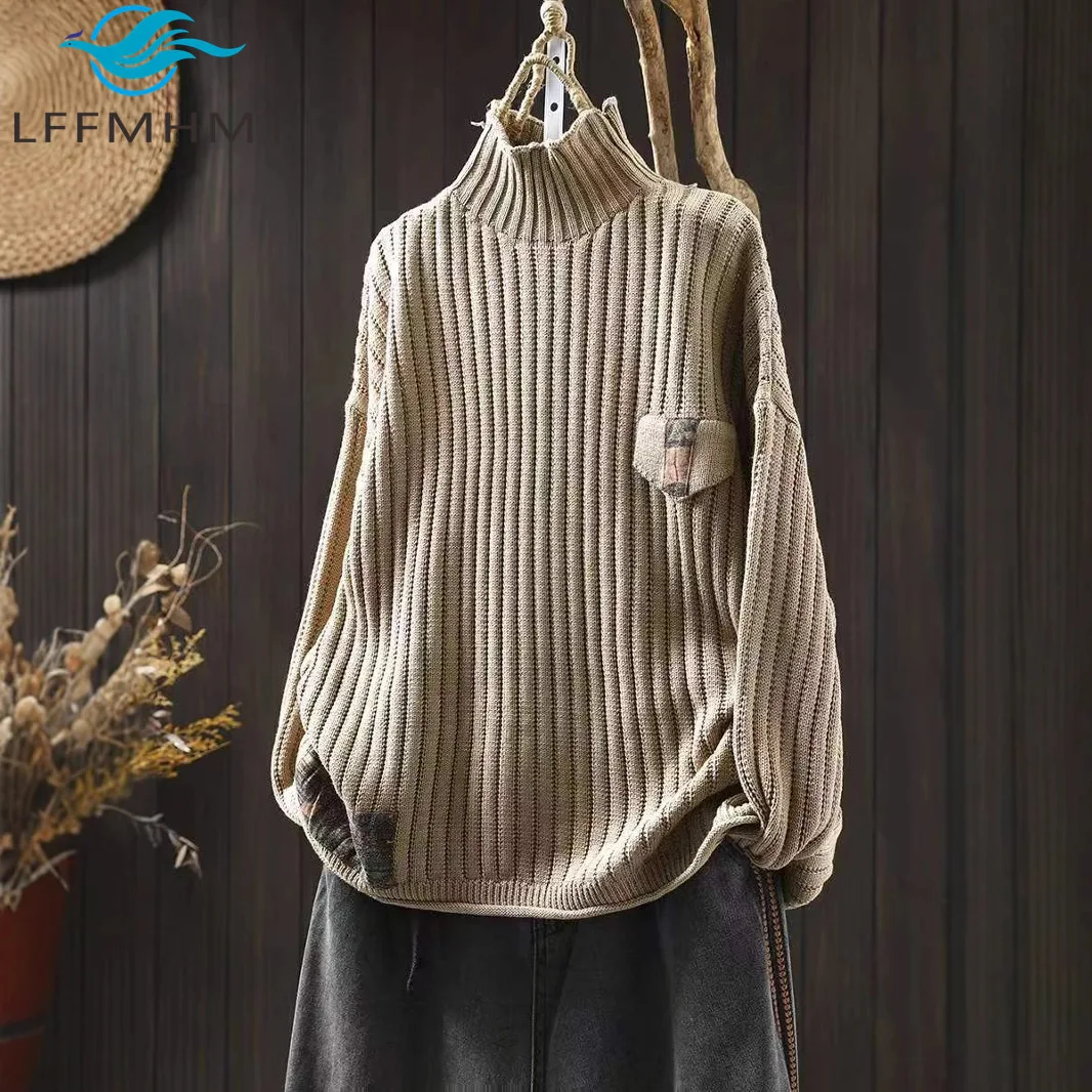 Vintage Patchwork Sweater Women Winter Fashion Retro Folk Style Striped Grain Half-turtleneck Loose Casual Good Quality Knitwear