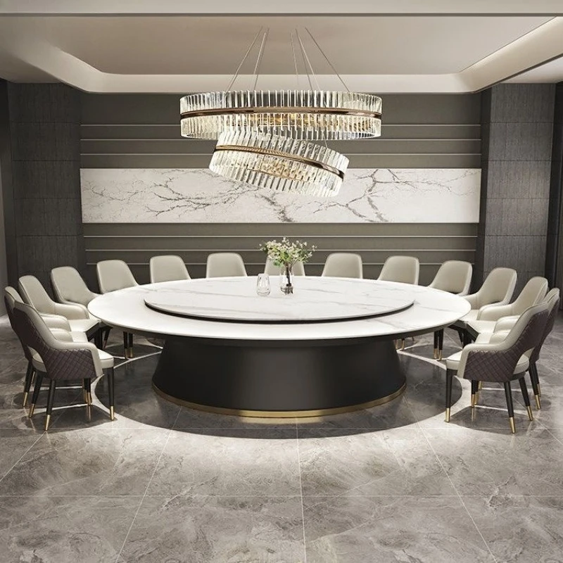 Round light luxury induction cooker table rotatable hot pot turntable hotel electric dining table rock slab round table hotel re