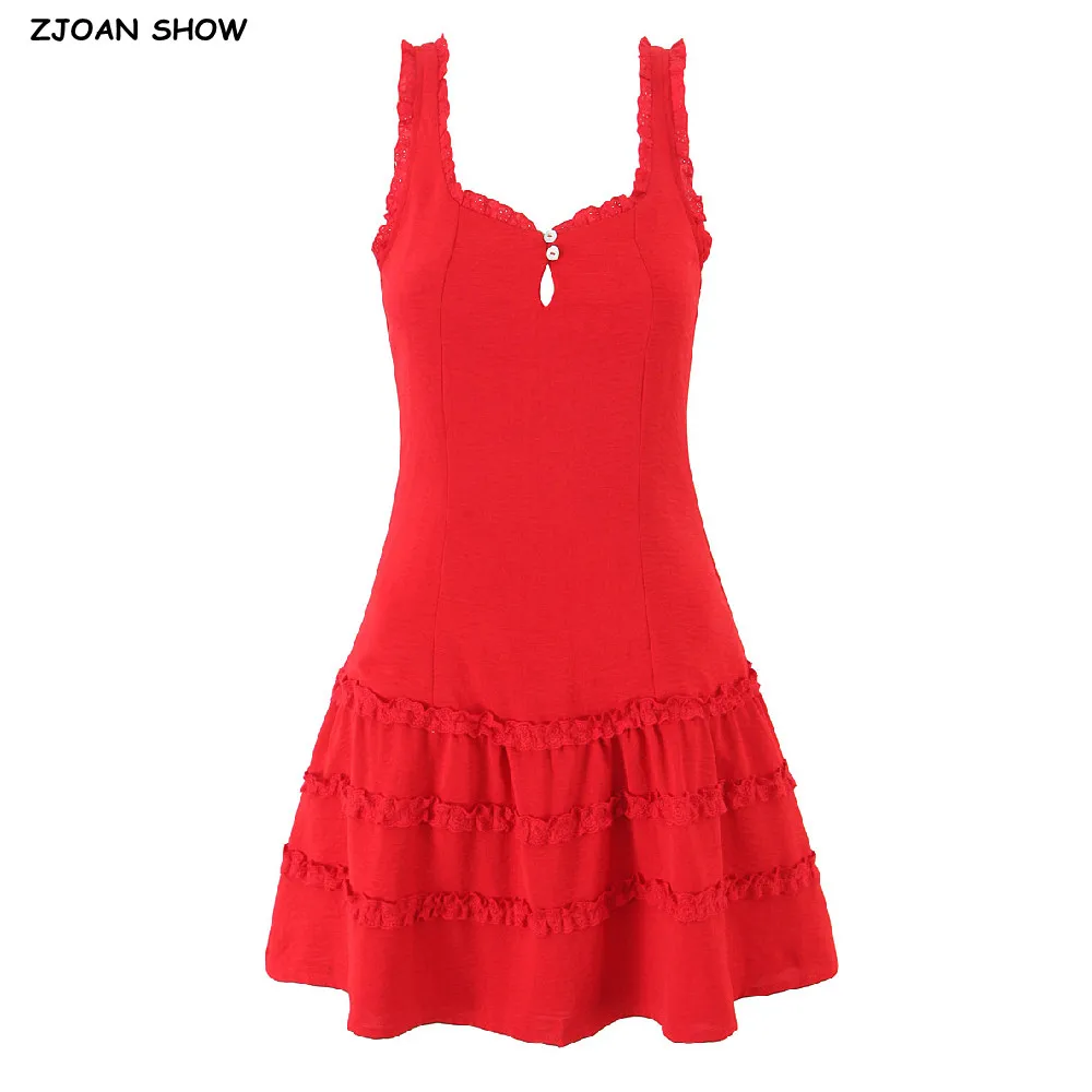 2025 เซ็กซี่สีแดงเปิดปุ่ม Colla Spliced ลูกไม้สายคล้องคอมินิชุดต่ําเอวไม้หู Hem ผู้หญิงแขนกุดฤดูร้อน Robe