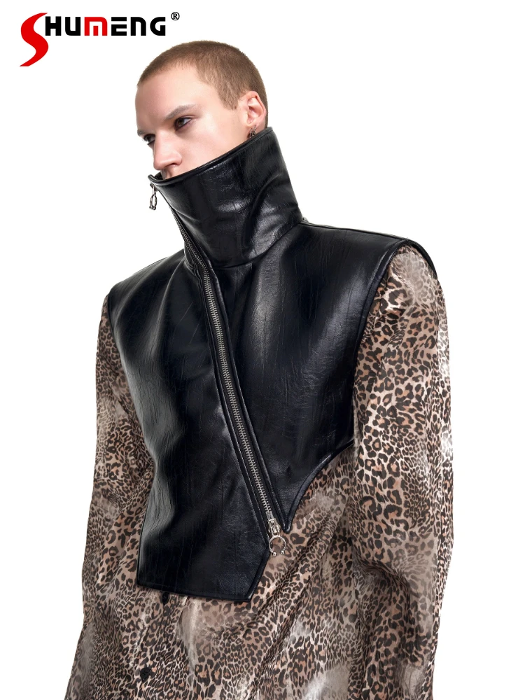 

Men's High Collar Diagonal Zipper Design PU Leather Vest Jackets Men 2025 Autumn New Tank Tops Fashion Irregular Stylish Vests