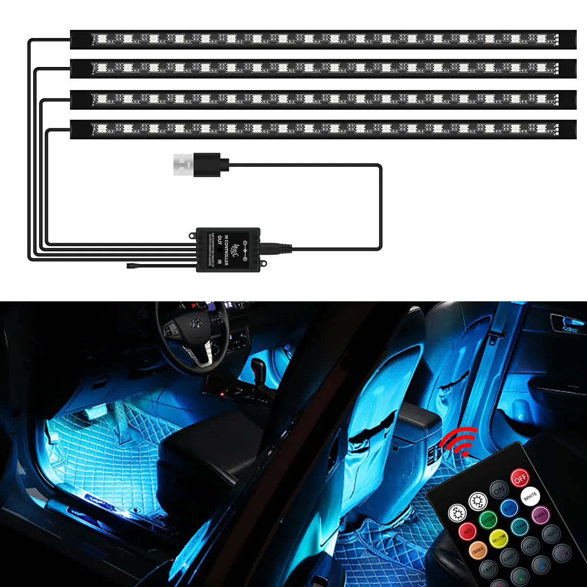 

4 in 1 Neon RGB LED Car Ambient Foot Light Strip Kit 48/72 LED USB Remote Music APP Control Automotive Interior Decorative Light