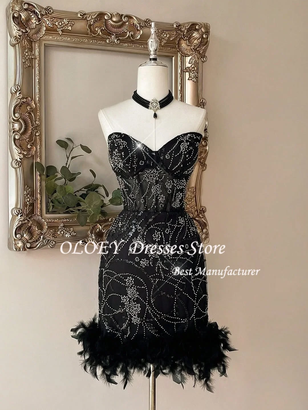 فستان كوكتيل أسود من OLOEY فستان حفلة موسيقية للنساء فاخر قصير أنيق من ريش المشاهير للمناسبات الخاصة