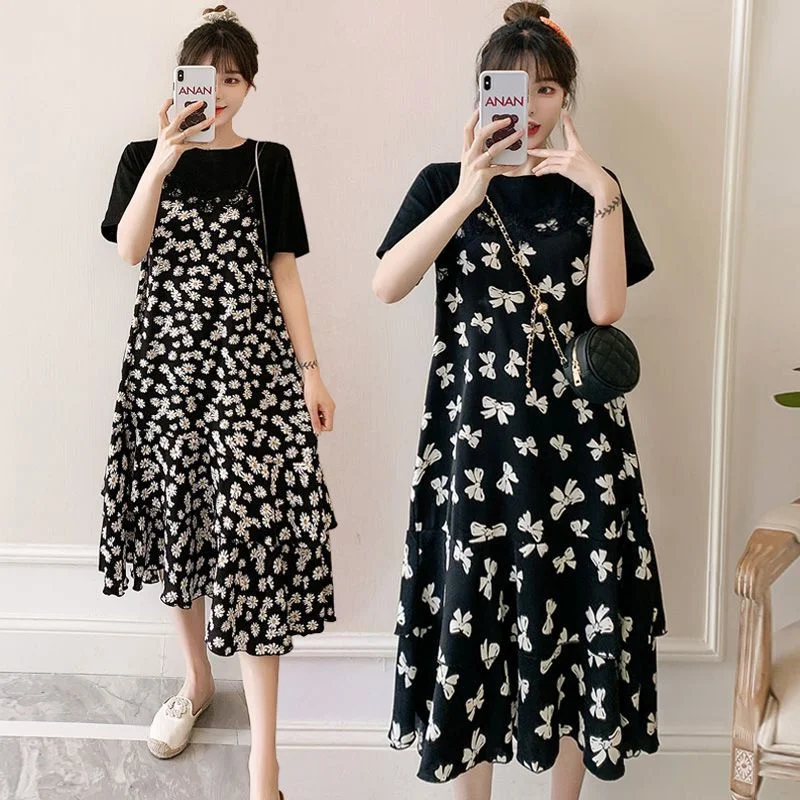 

plus Size Summer Floral Print Maxi Dr Fake Two-Piece A-Line Silhouette Casual Korean Sle Long Skirt for Heavy Women