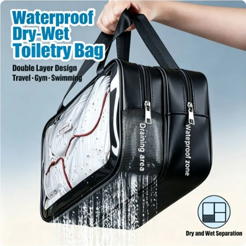 Doppelschichtige Waschtasche mit Trocken-Nass-Trennung, transparente PU-Kulturtasche, tragbare Kosmetiktasche für Reisen, Fitnessstudio und Schwimmen – Detail 4