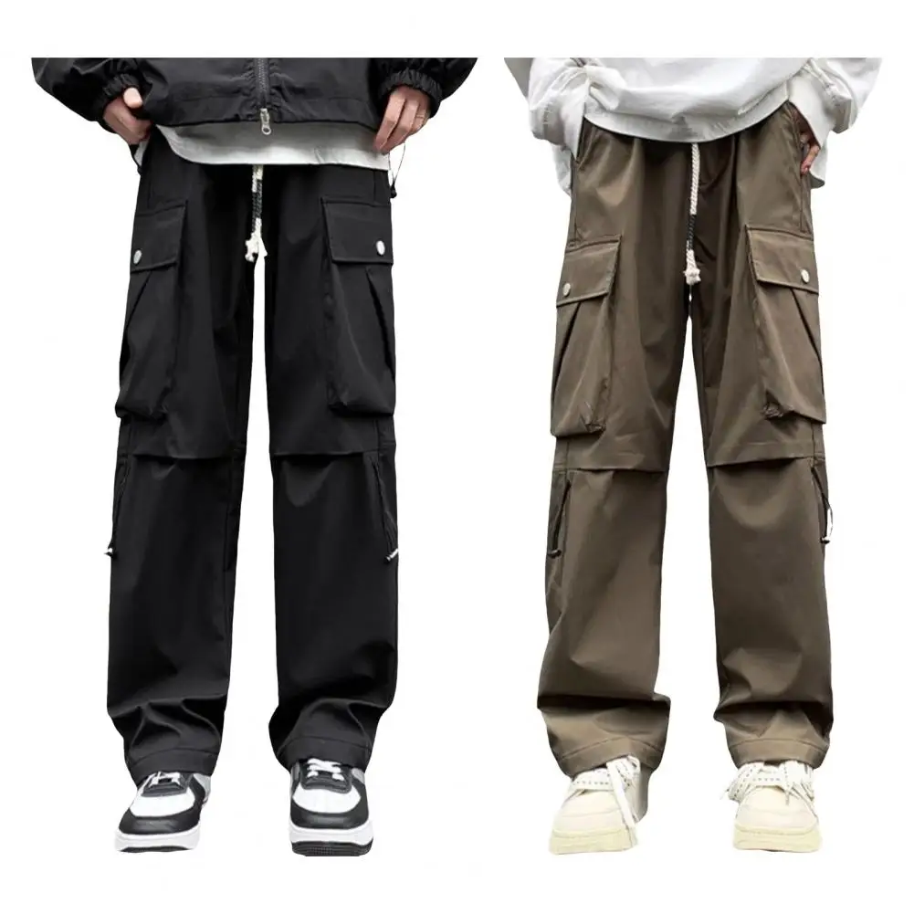 

Elastic Waist Men Cargo Pants High Street Style Loose Pants Wide Leg Multi Pockets Streetwear Deep Crotch Daily Long Trousers