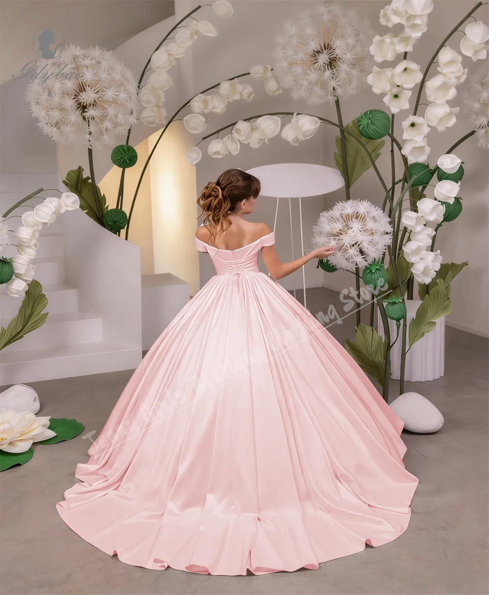 

Princess Off-Shoulder Pink Flower Girl Dresses for Wedding Lace-up Fluffy Satin Children's Birthday Beauty Pageant Dress
