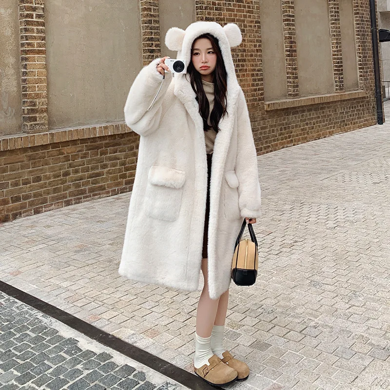 

Coat Female Korean version casual loose bear ear jacket for women 2025 new warm cute plush top with hoodie, thickened