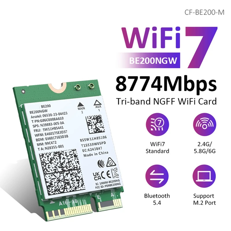 

Wi-Fi 7 BE200 сетевая карта Bluetooth 5,4 трехдиапазонный 2,4G/5G/6 ГГц 8774 Мбит/с BE200NGW M.2 беспроводной адаптер лучше, чем Wifi6e