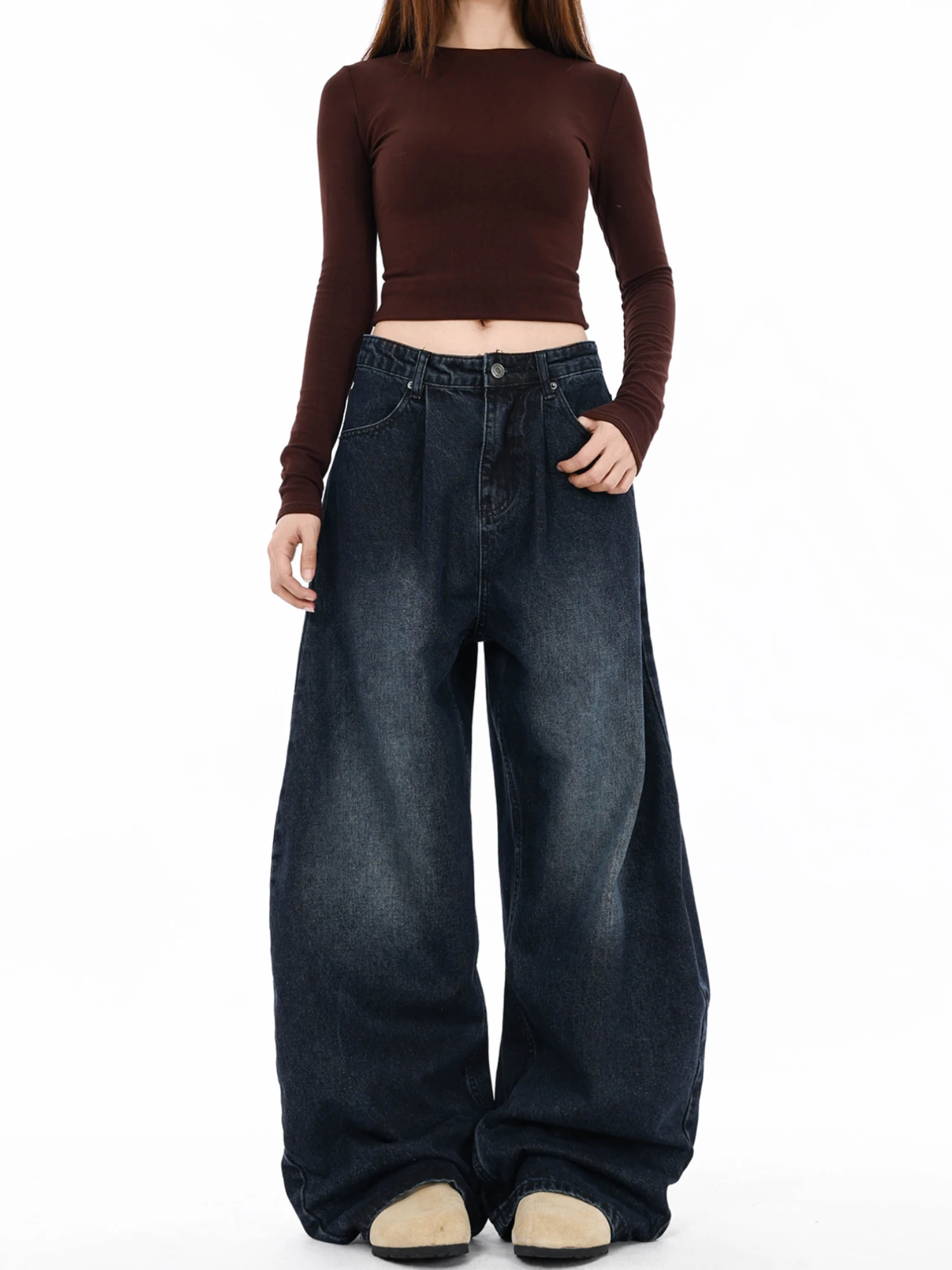 

Бесплатные джинсы Sonata в американском стиле ретро со складками и широкими штанинами, свободные утягивающие косы, джинсы свободного покроя ex Street Sle