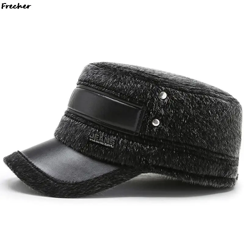 Keep Warm Woolen Hats with Earflap Fashion Cadet Caps Leather Fur Patchwork Visors for Men Winter Warm Military Plush Hat 2023