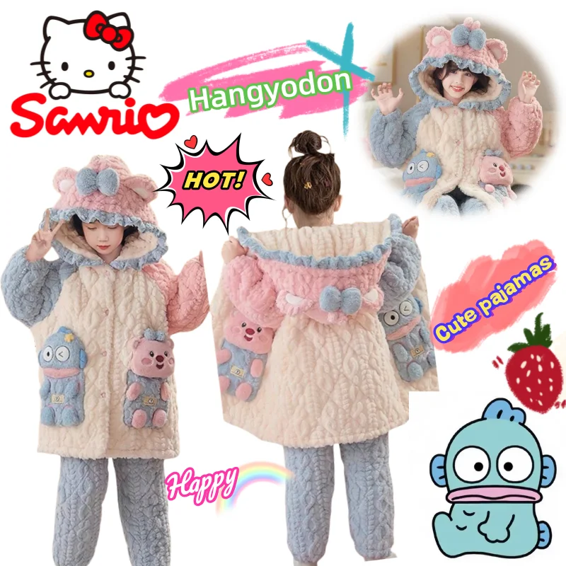 Sanrio hangyodon pijamas femininos criativos de alto valor outono e inverno animação dos desenhos animados engrossado roupas para casa terno exterior