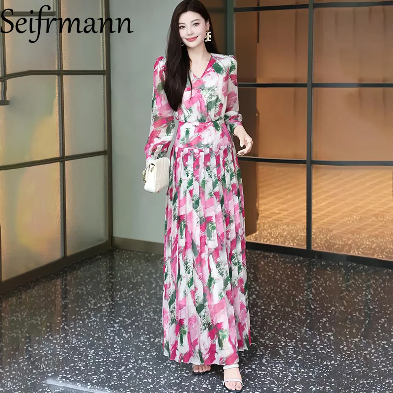 

Seifrmann 2026 Spring Women's New Fashionable V-neck Long Sleeve Printed Waist cinching pleated Long Dress