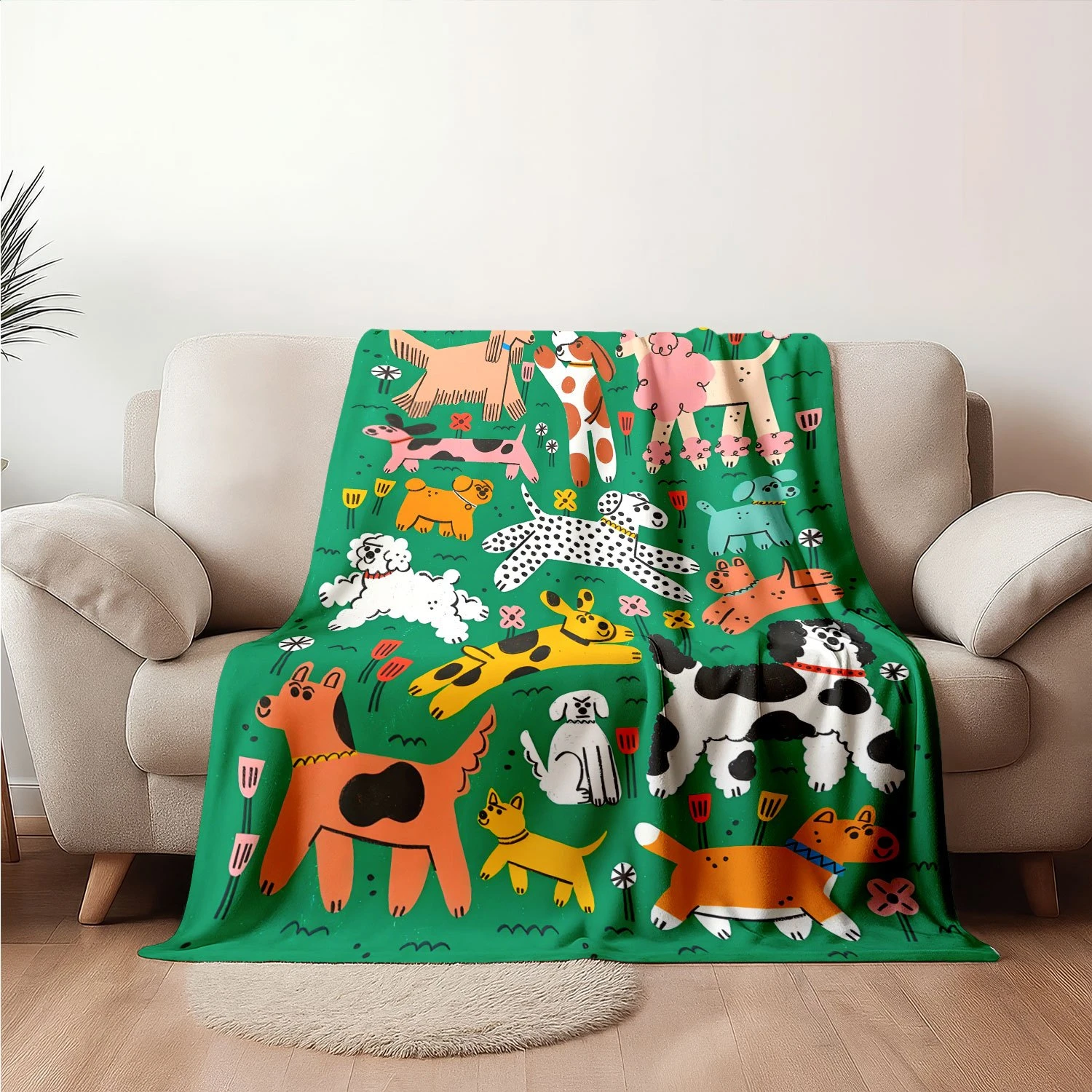 VIKAMA Green Base Cartoon Puppy Fleece Blanket,Wildflower Pet Dog Print Sofa Throw,Farmhouse Country Home Decor Bed Cove