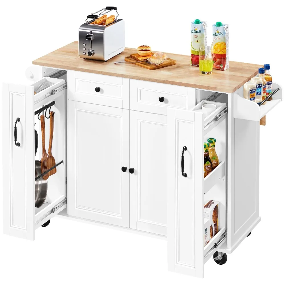 Kitchen Island with Drop-Leaf Countertop, Kitchen Cart on Lockable Wheels with Rubberwood Top & 2 Drawers & Adjustable Shelves