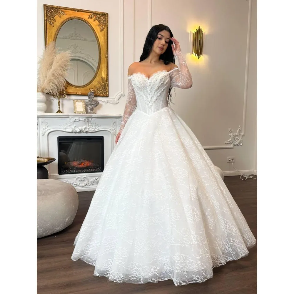 

Custom 2026 Off Shoulder Bridal Ball Gown Long Sleeve Lace Wedding Dress with Beaded Bodice Romantic Princess Gown