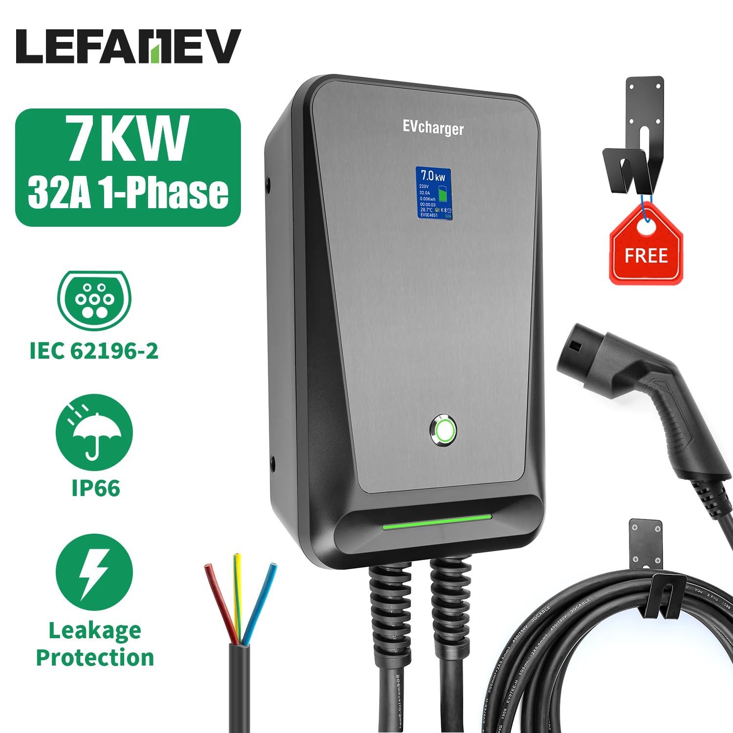 

EV Charger Type 2 32A EVSE Wallbox 1 Phase Electric Car Charge with 6.1M Cable 7KW IEC 62196-2