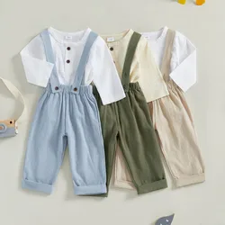 RUEWEY 0 to 24 Months Baby Boys 2PCS Pants Sets Spring Autumn Clothes Long Sleeve Button Bodysuit Solid Color Suspender Pants