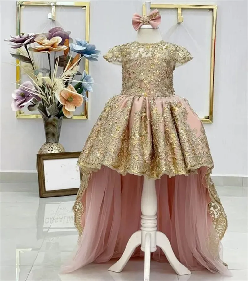 Handmade Baby Girl Dress Gold Lace Applique Pink Birthday Girl Dress Princess Flower Girl Dress Long Puffy Party Dress 12M 24M