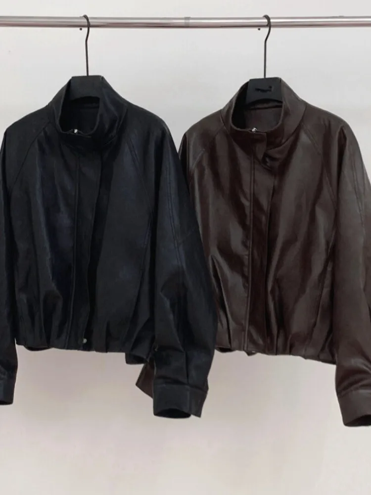 Korean Sle Stand Collar Batwing Sve Leather Jaet Women's Bla Retro Versatile Design Sensation Autumn 2025 PU Leather