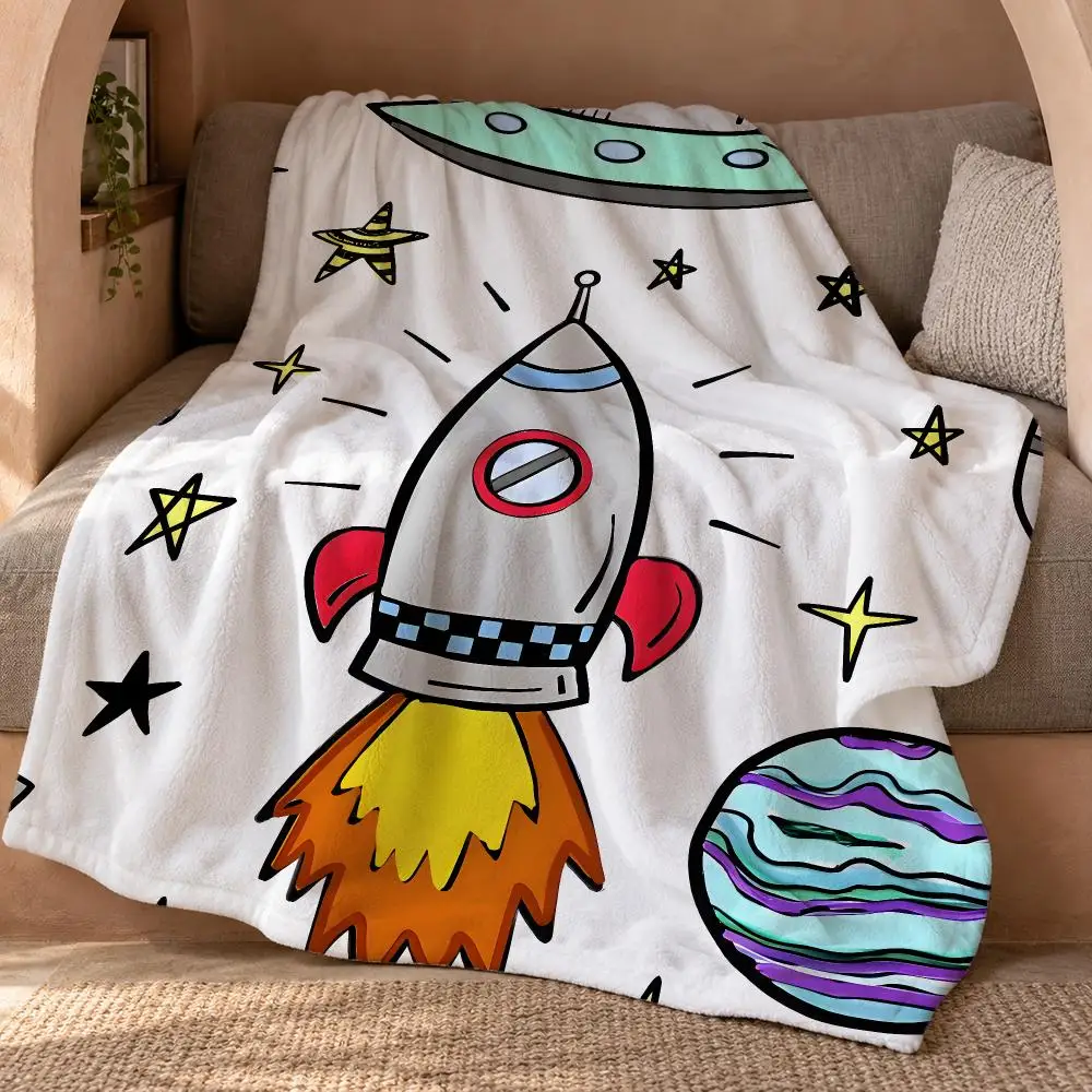 Outer Space Spaceship Astronaut Rocket Throw Double Sided Flannel Throw Blanket Soft Travel Camping Sofa Bed Home