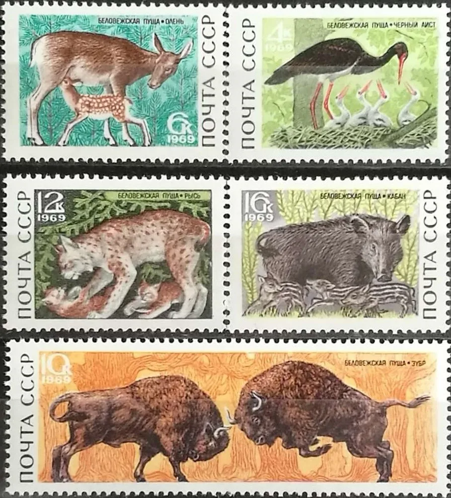 

5Pcs/Set New USSR CCCP Post Stamp 1969 Dense Forest Animal Bison Postage Stamps MNH