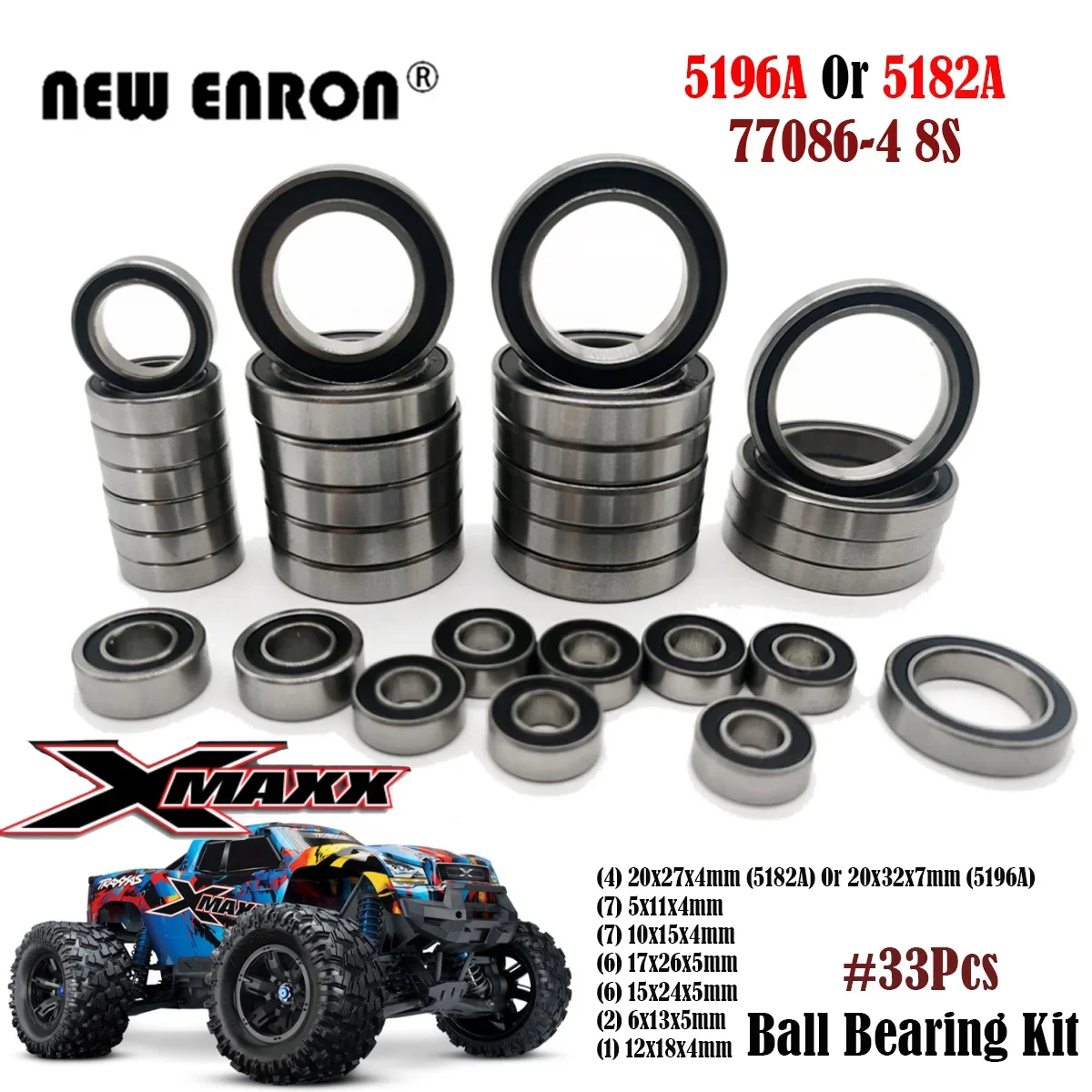 20x27x4 5182A 20x32x7mm 5196A 33Pc Black Rubber Sealed Ball Bearing Kit for RC Car 1/5 Traxxas 8S X-Maxx XMAXX 77086-4 Upgrade