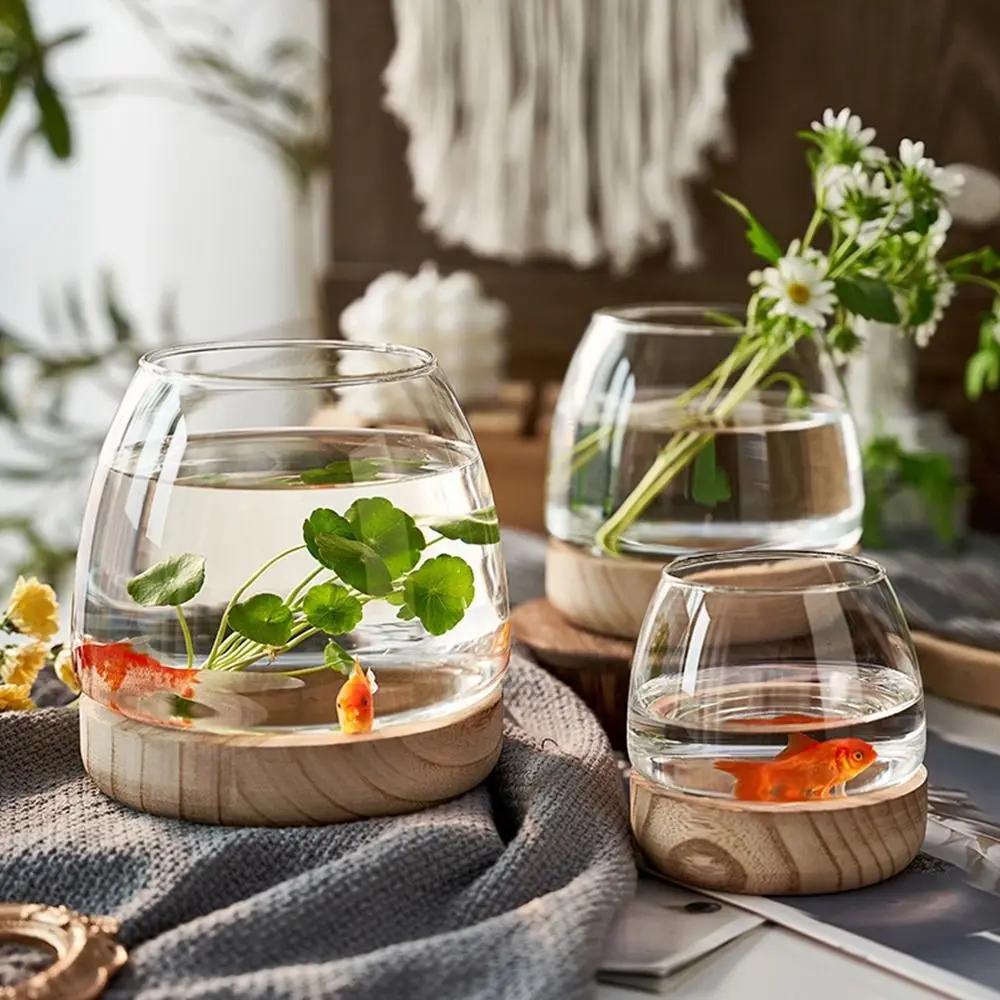 Round Circular Wooden Bucket Tank Simple with Wood Base Transparent Glass Fish Tank Decorative Glass Planter Hydroponic Vase