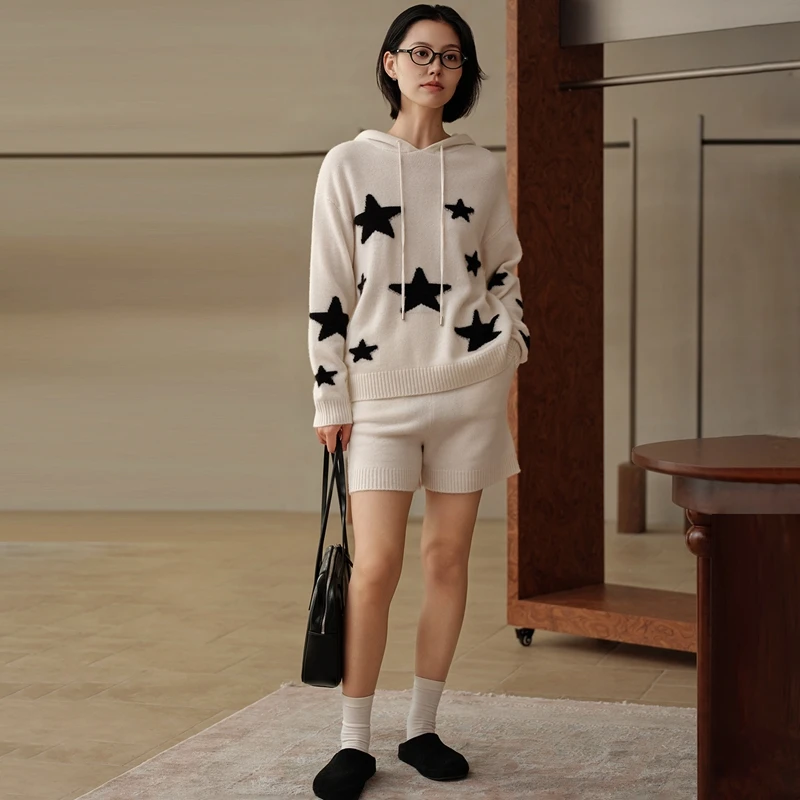 

Осенне-зимний новый стиль: 100% чистый кашемировый женский свитер с капюшоном и звездами, утолщенный, оверсайз, вязаный пуловер, теплый и модный