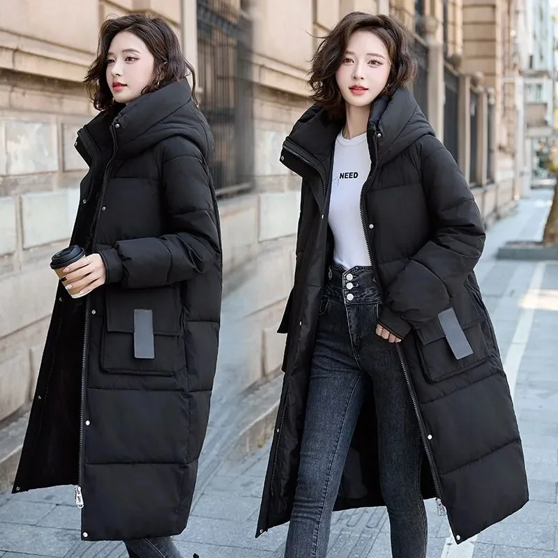 2024 New Long Winter Jacket Parka Maxi Long Women Coat Casual Loose Overcoat Female Clothing Outerwear Cotton Down Hood Fluff